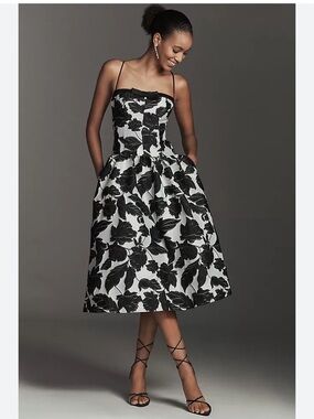 Anthropologie Black and White Floral Jacquard Midi Dress